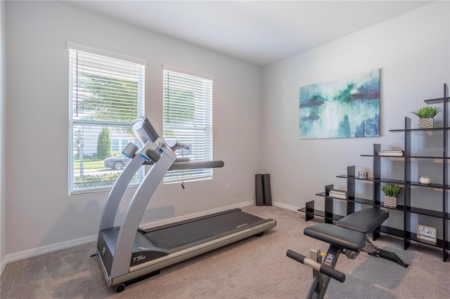 exercise room featuring carpet flooring and baseboards