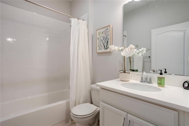 full bath featuring vanity, toilet, and shower / bathtub combination with curtain