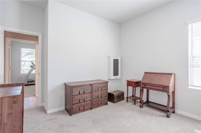 living area featuring baseboards and carpet floors