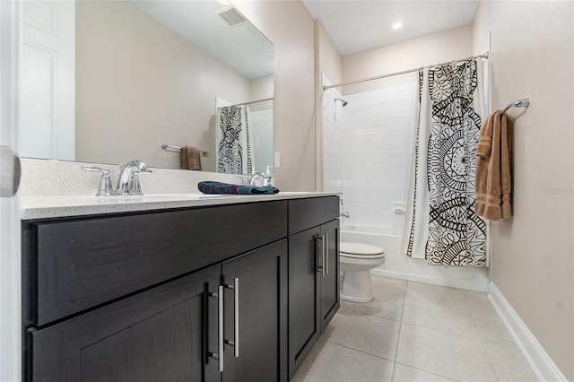 full bathroom featuring toilet, vanity, shower / bathtub combination with curtain, and tile patterned flooring