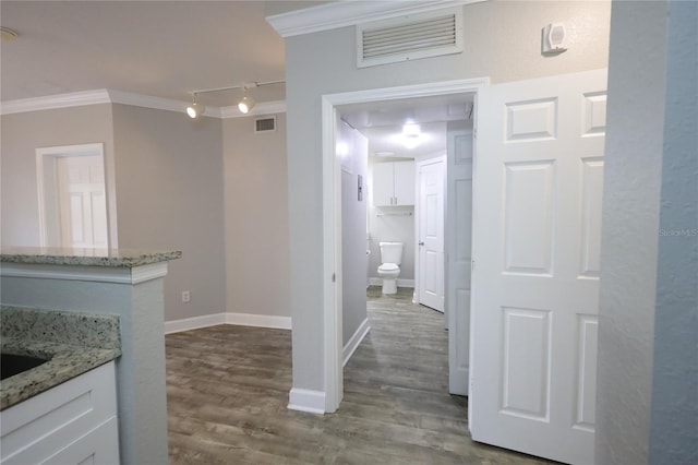 kitchen with track lighting, ornamental molding, dark hardwood / wood-style floors, and light stone countertops