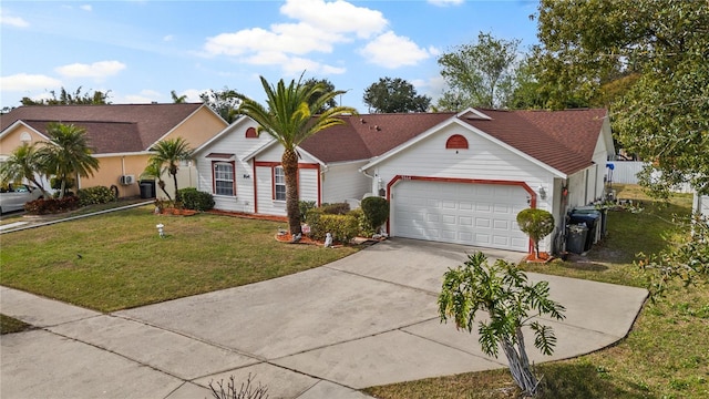 single story home featuring a garage and a front lawn