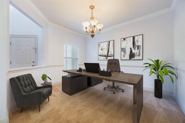 carpeted office featuring crown molding and an inviting chandelier