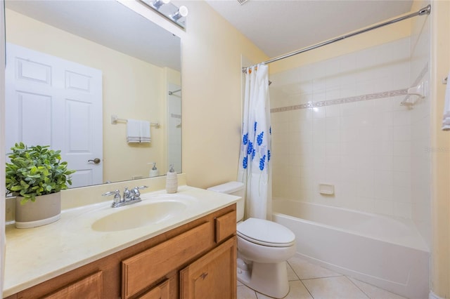 full bathroom featuring vanity, shower / tub combo, tile patterned floors, and toilet