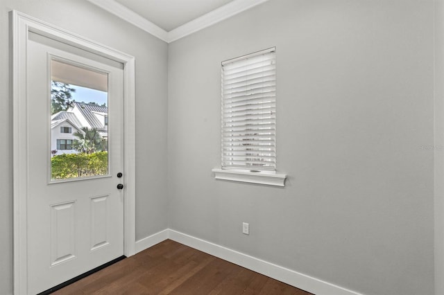 entryway featuring dark hardwood / wood-style flooring and crown molding