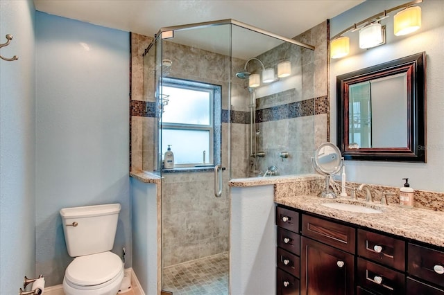 full bath featuring toilet, a shower stall, and vanity