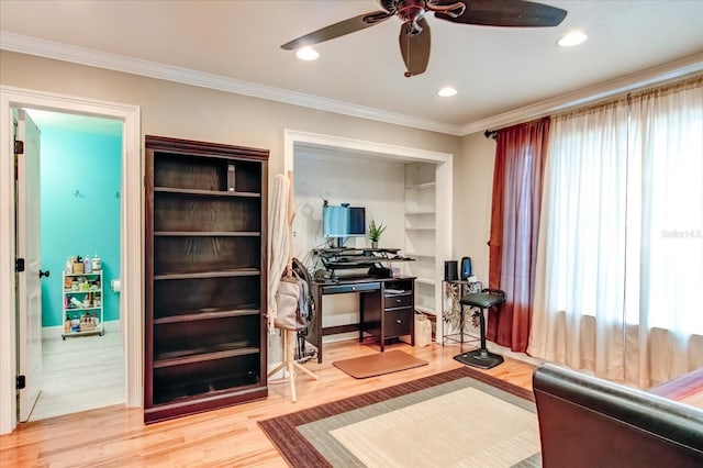 office area with ceiling fan, recessed lighting, crown molding, and wood finished floors