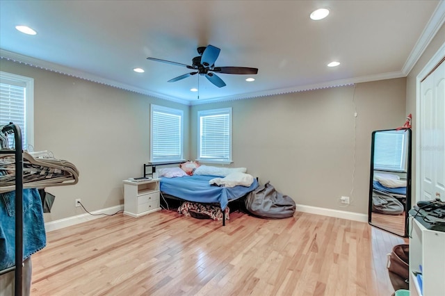 bedroom featuring ornamental molding, recessed lighting, baseboards, and light wood finished floors