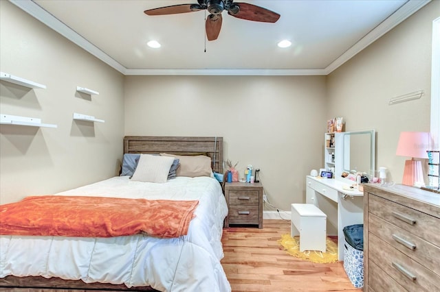 bedroom with light wood finished floors, ceiling fan, crown molding, and recessed lighting