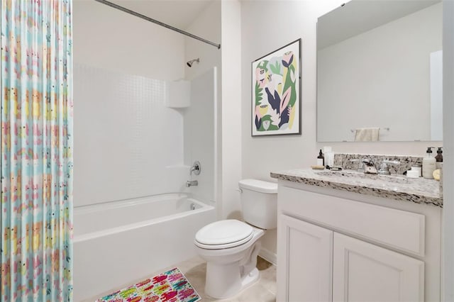 full bathroom with shower / bath combination, vanity, tile patterned flooring, and toilet