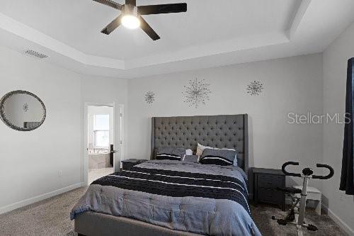 carpeted bedroom with ceiling fan, ensuite bathroom, and a tray ceiling