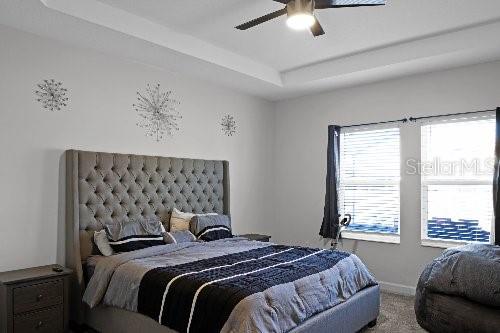 bedroom with ceiling fan, a tray ceiling, and carpet floors