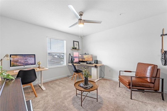 carpeted office with ceiling fan