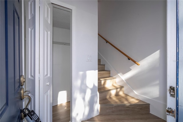 stairs with hardwood / wood-style floors