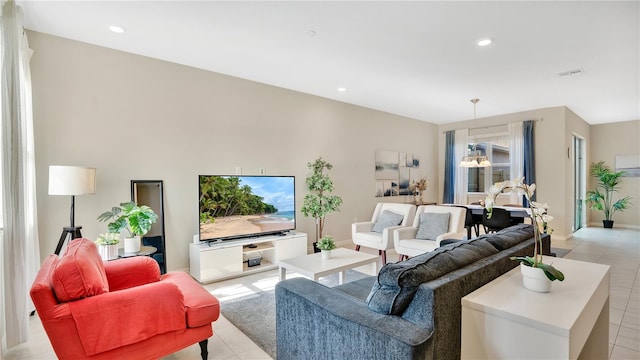 living room with light tile patterned floors