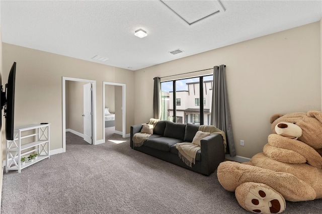 living room featuring carpet flooring and a textured ceiling