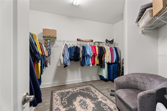 walk in closet with light hardwood / wood-style flooring