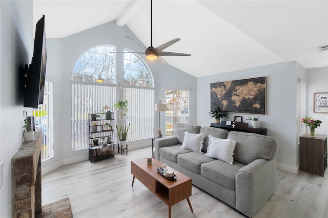 living room featuring ceiling fan, light hardwood / wood-style flooring, high vaulted ceiling, and beamed ceiling