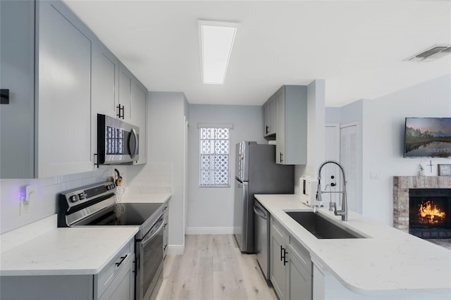 kitchen featuring sink, appliances with stainless steel finishes, gray cabinetry, backsplash, and light wood-type flooring