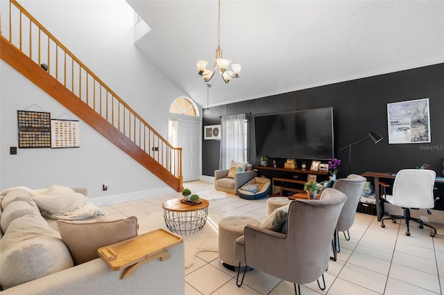 tiled living room with an inviting chandelier and high vaulted ceiling