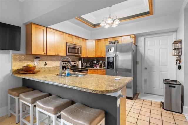 kitchen with crown molding, stainless steel appliances, a tray ceiling, and kitchen peninsula