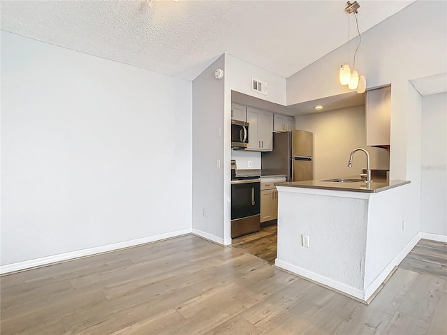 kitchen featuring lofted ceiling, sink, light hardwood / wood-style flooring, appliances with stainless steel finishes, and hanging light fixtures