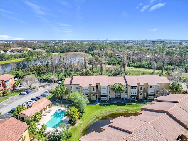 bird's eye view with a water view