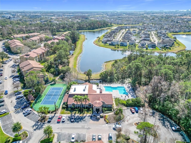 bird's eye view with a water view