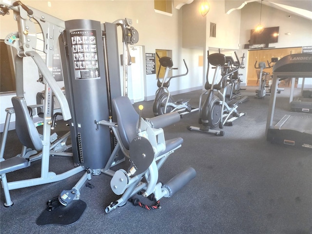 gym featuring lofted ceiling