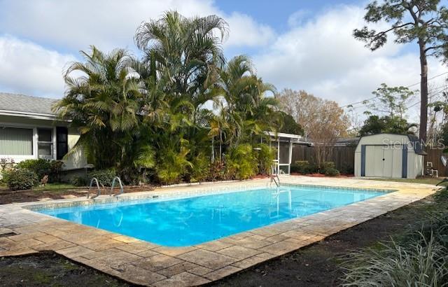 view of swimming pool with a shed