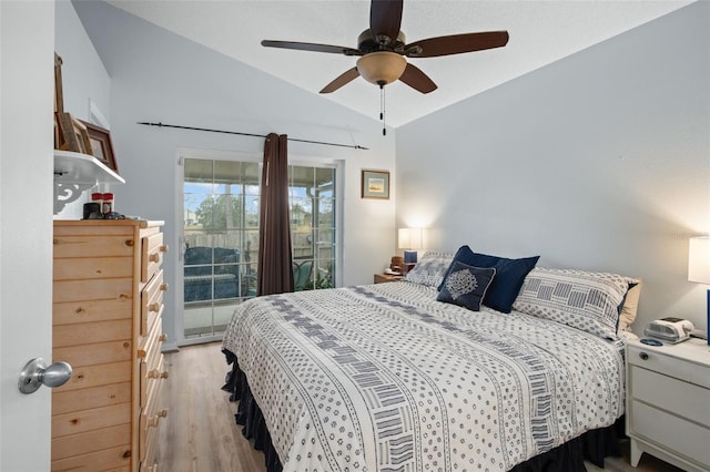 bedroom featuring lofted ceiling, access to outside, ceiling fan, and light wood-type flooring