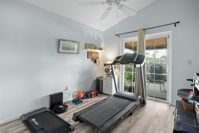 workout room featuring ceiling fan, lofted ceiling, a textured ceiling, and light wood-type flooring