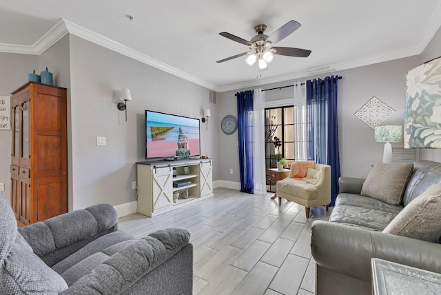 living room featuring crown molding and ceiling fan