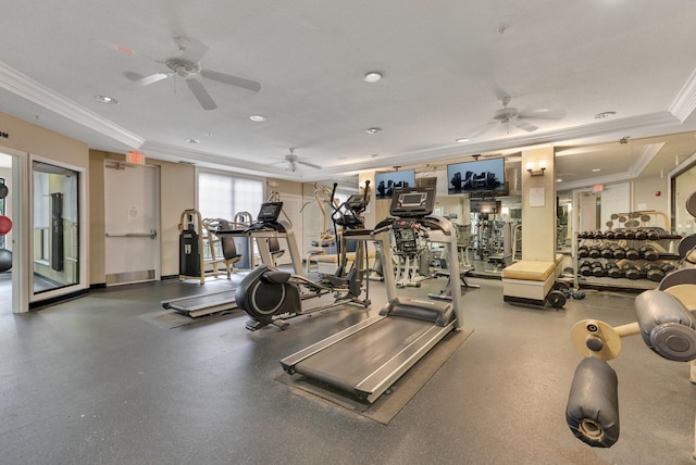 exercise room featuring crown molding