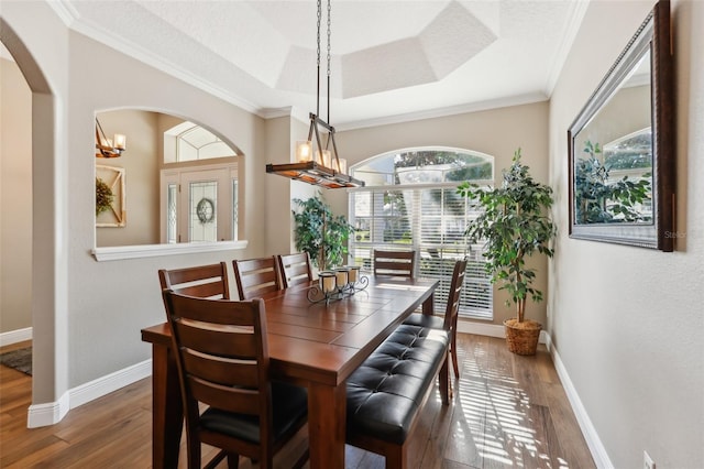 dining area featuring dark wood-type flooring, crown molding, and a raised ceiling