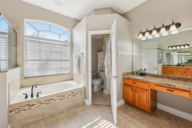 full bathroom featuring vanity, toilet, separate shower and tub, and tile patterned flooring