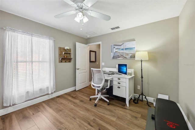 office featuring light hardwood / wood-style floors and ceiling fan