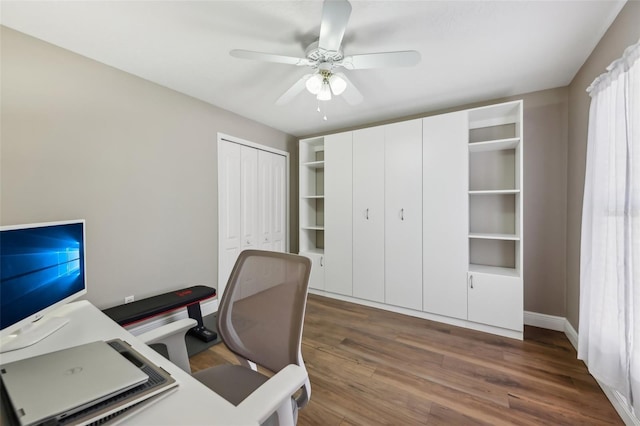 office space featuring ceiling fan and dark hardwood / wood-style flooring