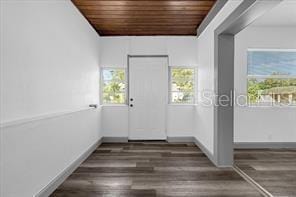 interior space featuring dark hardwood / wood-style flooring and wooden ceiling