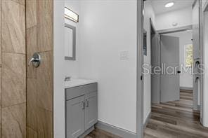 bathroom featuring tiled shower, vanity, and wood-type flooring