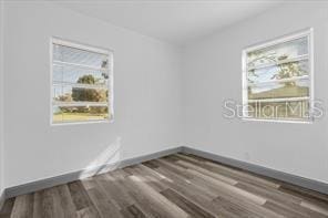 empty room with dark hardwood / wood-style floors and a healthy amount of sunlight