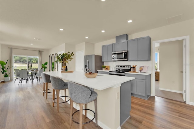 5879 Galloping Dr, Apopka, FL 32712 - kitchen with a kitchen island with sink, gray cabinetry, a kitchen breakfast bar, and stainless steel appliances