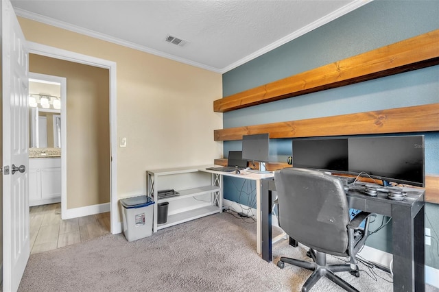 office featuring crown molding, light colored carpet, and a textured ceiling