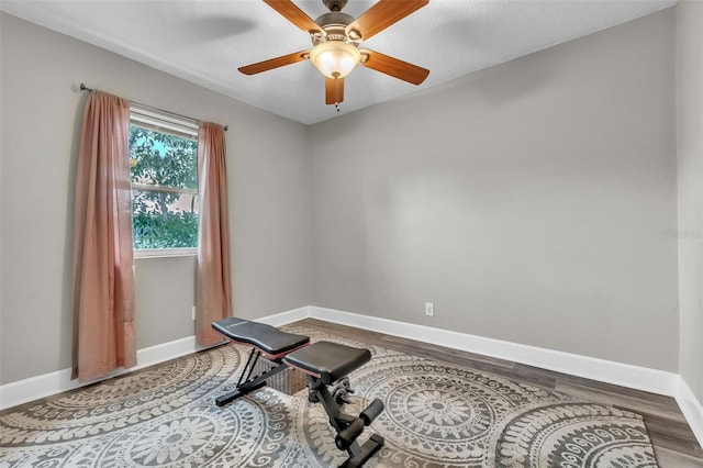 workout area featuring hardwood / wood-style flooring and ceiling fan