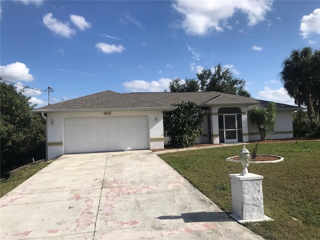 single story home with a garage and a front yard