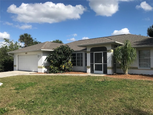 ranch-style home with a garage and a front lawn