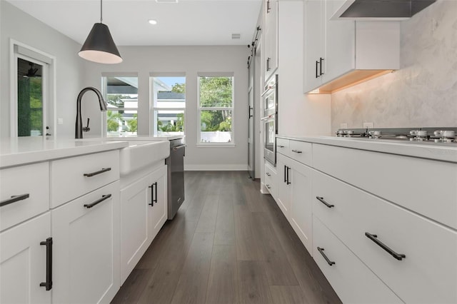 kitchen with dark wood-type flooring, white cabinetry, hanging light fixtures, stainless steel appliances, and extractor fan