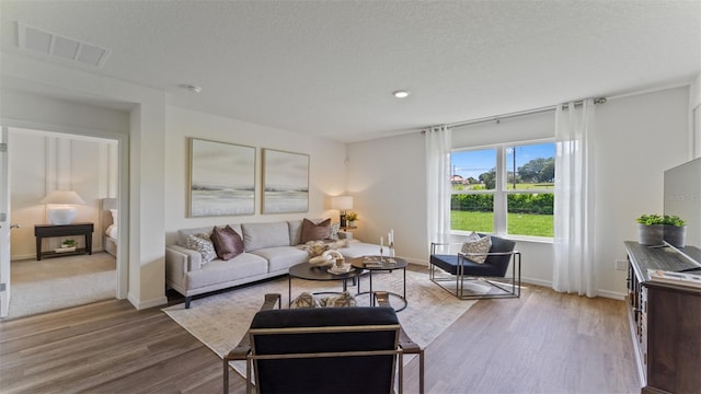 living room with a textured ceiling and light wood-type flooring