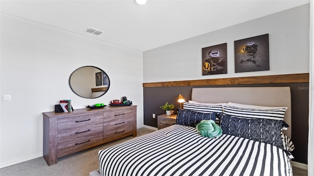 bedroom with light carpet and vaulted ceiling