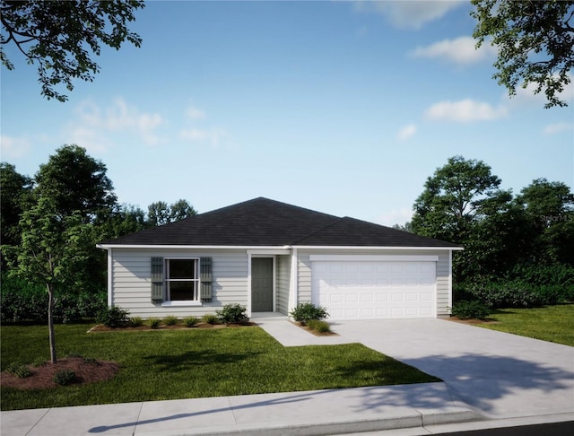 ranch-style home with a garage and a front yard